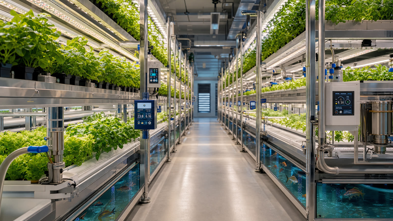 Vertikale Aquaponik-Anlage mit Pflanzenregalen über gläsernen Fischbecken