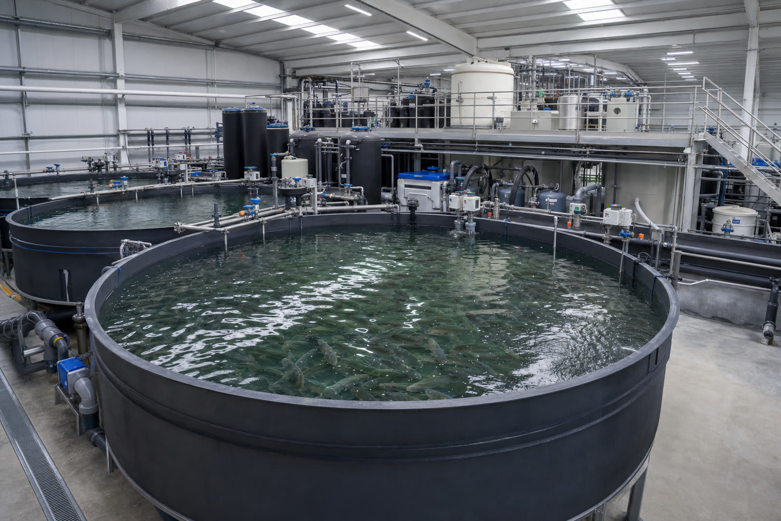 RAS-Kreislaufanlage mit runden Fischbecken und Prozessinstrumentierung